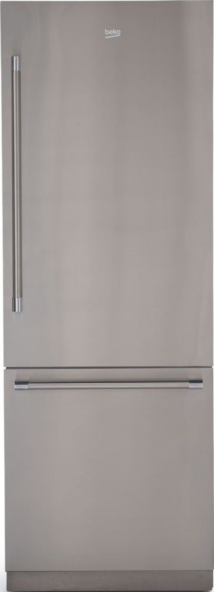 Stock photo of a stainless steel Beko brand bottom freezer refrigerator.