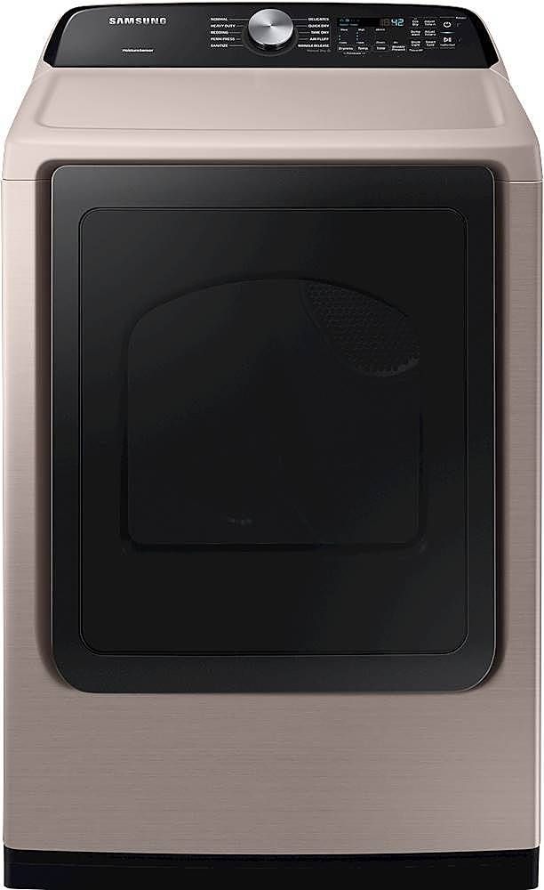 Stock photo of a champagne colored Samsung dryer.