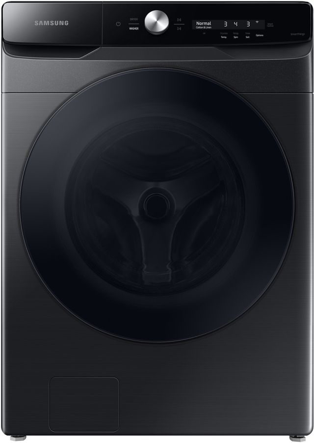 Stock photo of a black Samsung front load washer.