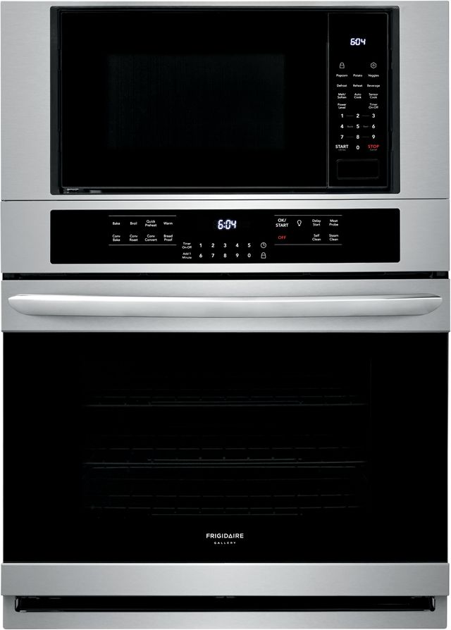 Stock photo of a stainless steel Frigidaire brand double wall oven.