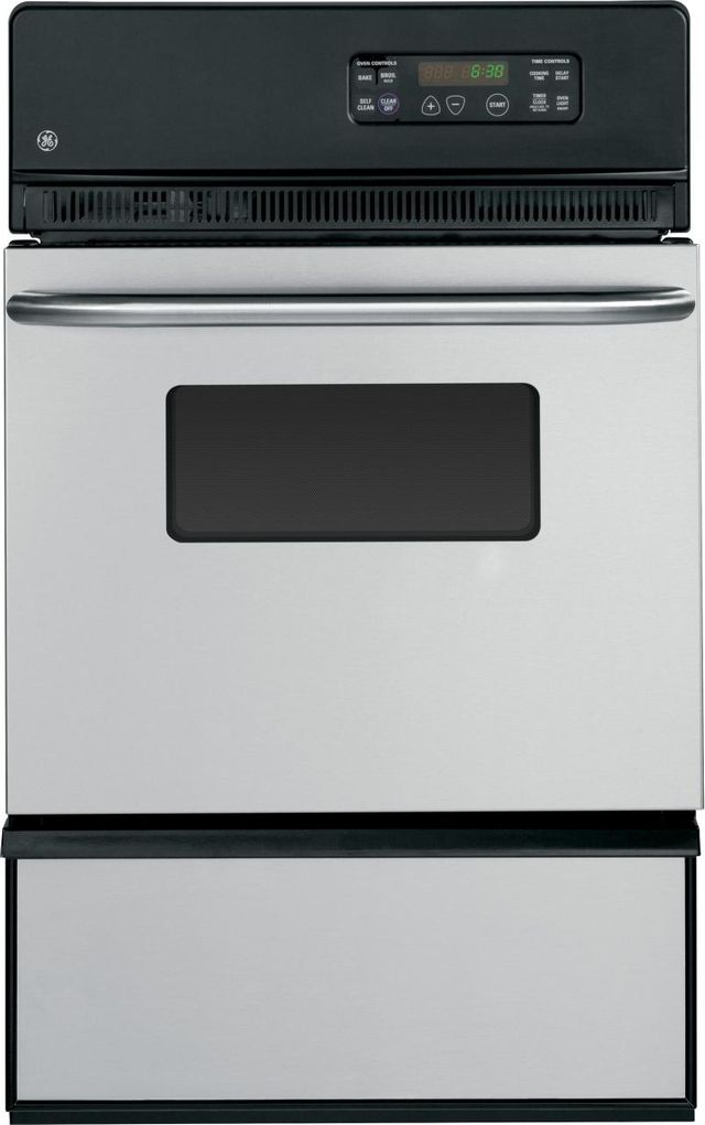 Stock photo of a stainless steel GE brand gas wall oven.