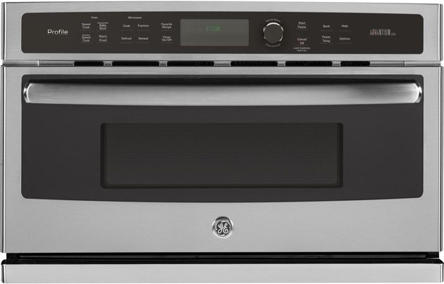 Stock photo of a stainless steel GE brand wall oven.
