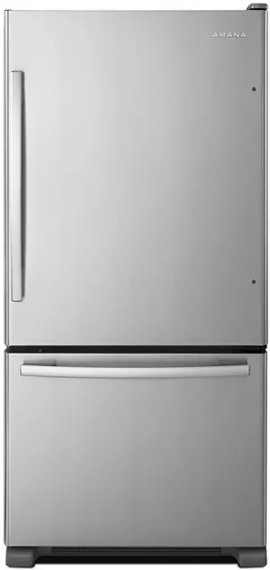 Front view of the Amana ABB2224BRM bottom freezer refrigerator 