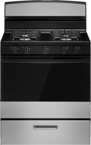 Front view of the Amana AGR4203MNS gas range