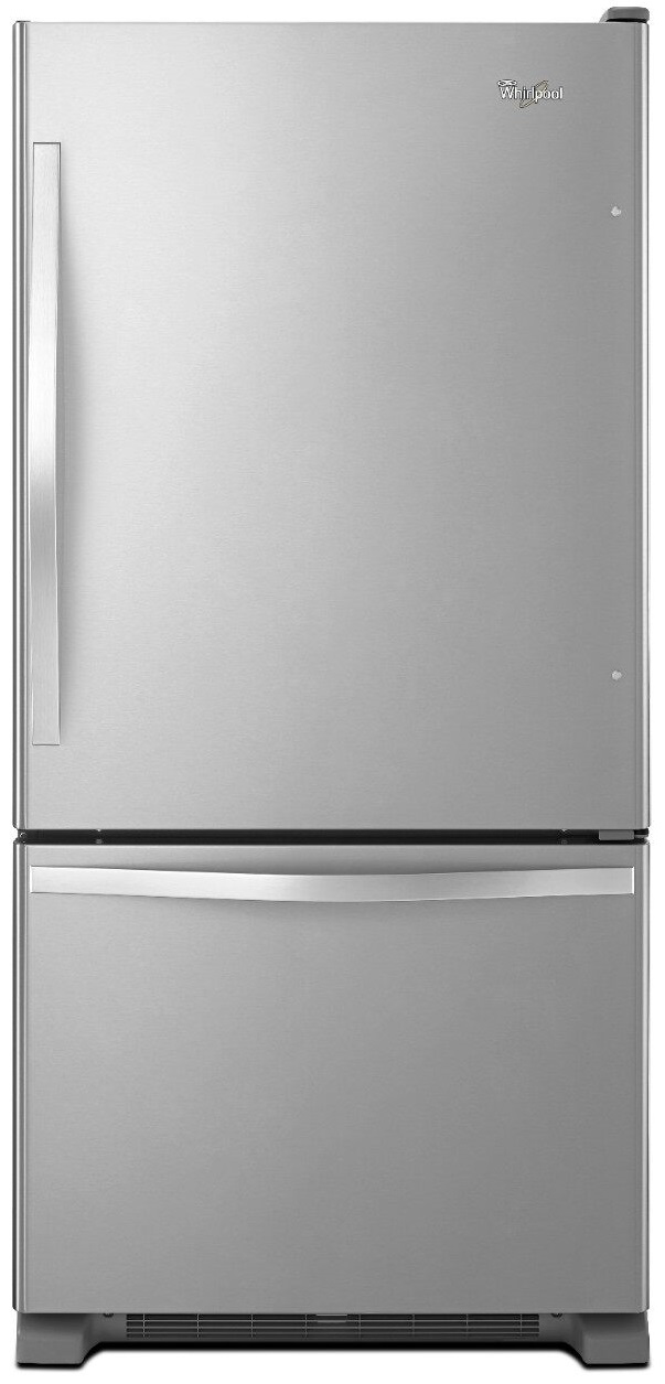 steel-colored single door refrigerator with bottom freezer