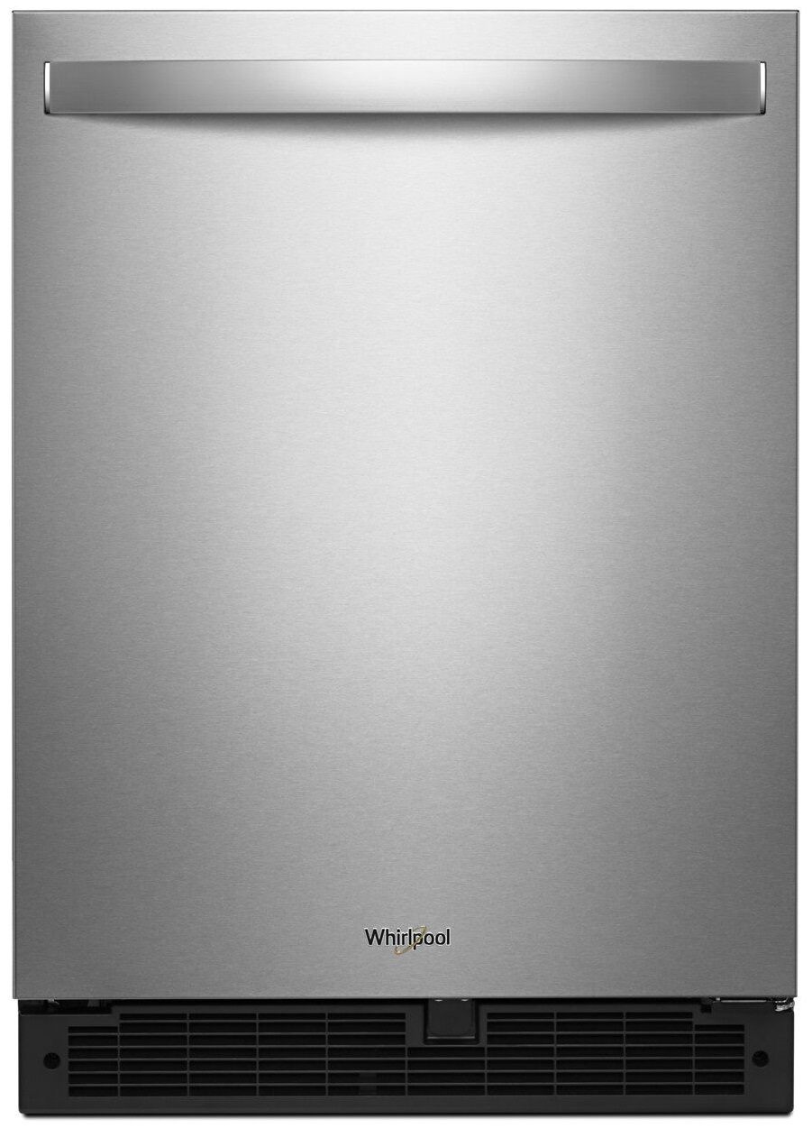 steel-colored mini refrigerator
