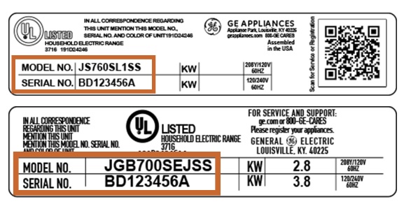 Up close image of a GE appliance model number sticker