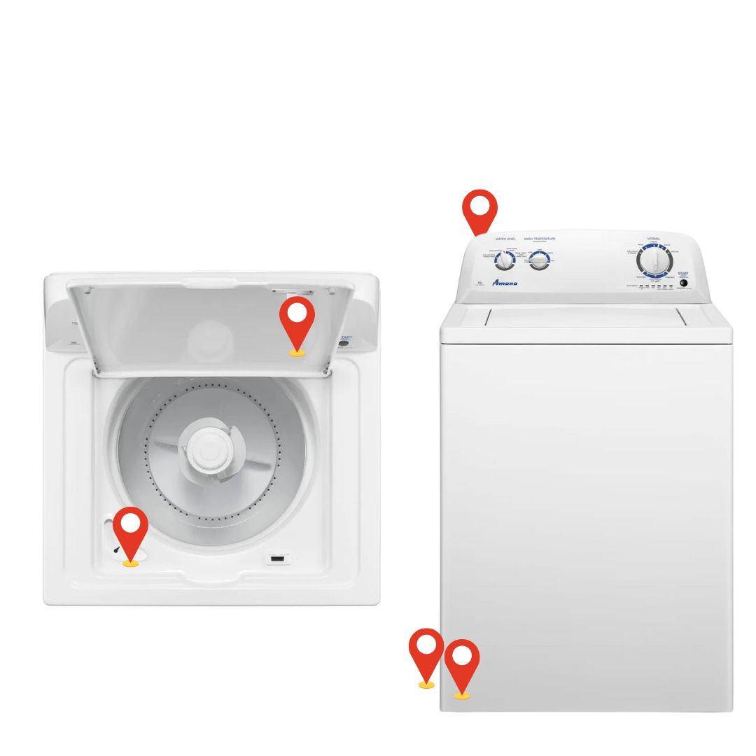 Graphic indication of where to find a model number on a top load washer