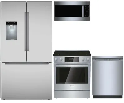 A Bosch kitchen package with a B36FD10ENS refrigerator, SHE41CM5N dishwasher, HEI8056U range, and HMV5053U microwave 