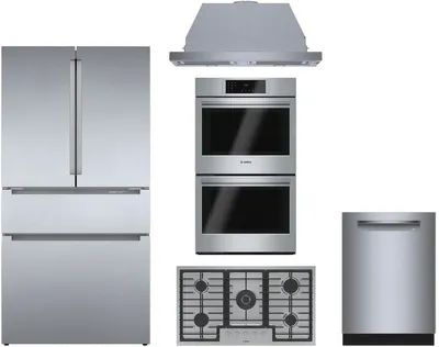 Bosch kitchen package featuring the B36CL80ENS refrigerator, SHP78CM5N dishwasher, NGM8659UC cooktop, HBL8651UC oven, and HUI50351UC range hood