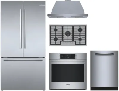 Bosch kitchen package featuring the B36CT80SNS refrigerator, SHP78CM5N dishwasher, NGM8659UC cooktop, HBL8454UC oven, and HUI50351UC range hood