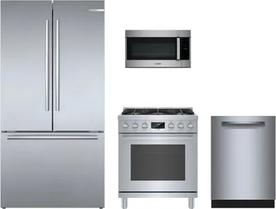 Bosch kitchen package featuring the B36CT80SNS refrigerator, SHP78CM5N dishwasher, HDS8055U range, and HMV8054U microwave 