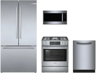 Bosch kitchen package featuring the B36CT80SNS refrigerator, SHP78CM5N dishwasher, HGI8056UC range, and HMV5053U microwave 