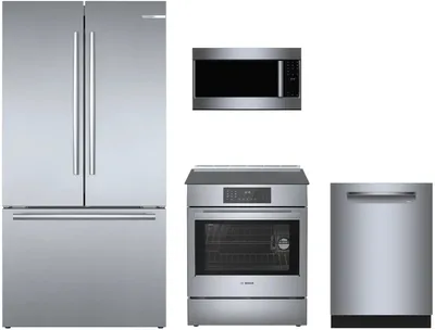 Bosch kitchen package featuring the B36CT80SNS refrigerator, SHP78CM5N dishwasher, HII8057U range, and HMV5053U microwave 