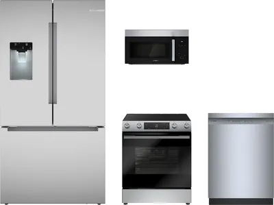 Bosch kitchen package featuring the B36FD10ENS refrigerator, SHE41CM5N dishwasher, HEF1050MU range, and HMV1055U microwave