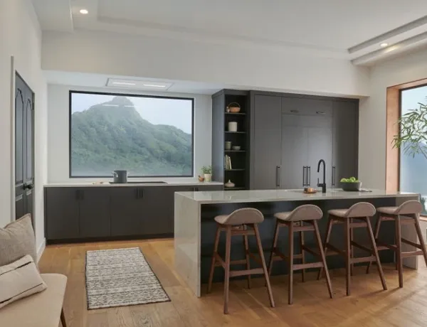 The Best HBC1 Series HBC143EWH ceiling range hood in an open concept kitchen 