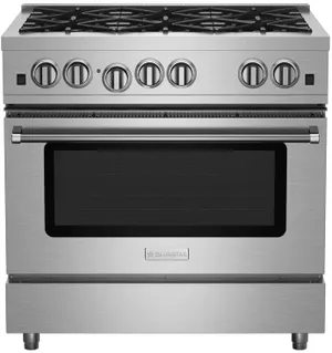 Front view of the BlueStar RCS366BV2 36” gas range