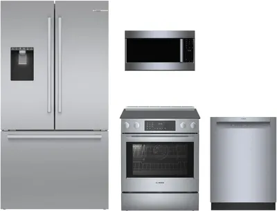 Credit: Bosch A Bosch kitchen package featuring the B36FD50SNS refrigerator, SHE3AEM5N dishwasher, HEI8056U range, and HMV5053U microwave