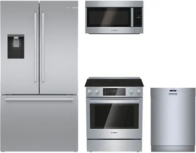 A 4-piece kitchen package featuring a Bosch refrigerator, dishwasher, range, and microwave
