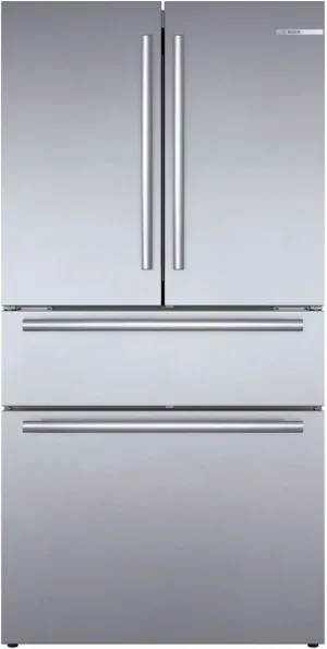Front view of the Bosch 800 Series B36CL80SNS French door refrigerator