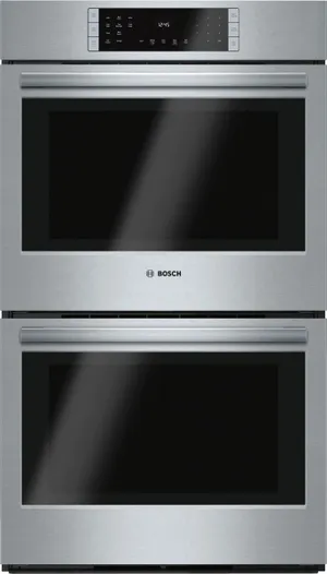 Front view of the Bosch 800 Series HBL8651UC double oven 
