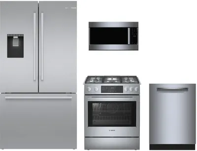 The Bosch B36CD50SNS refrigerator, HGI8056UC range, SHP78CM5N dishwasher, and HMV5053U microwave