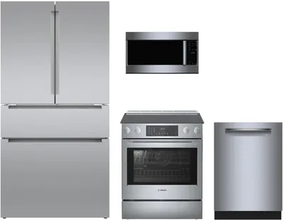 Credit: Bosch A Bosch kitchen package featuring the B36CT80SNS refrigerator, HDS8055U range, SHP78CM5N dishwasher, and HMV8054U microwave