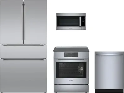 Credit: Bosch A Bosch kitchen package featuring the B36CL80ENS refrigerator, HEI8056U range, SHP78CM5N dishwasher, and HMV5053U microwave
