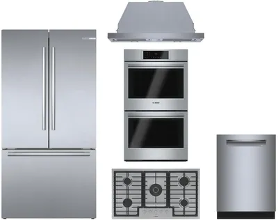 Credit: Bosch A Bosch kitchen package featuring the B36CT80SNS refrigerator, NGM8659UC cooktop, HBL8651UC wall oven, SHP78CM5N dishwasher, and HUI50351UC range hood