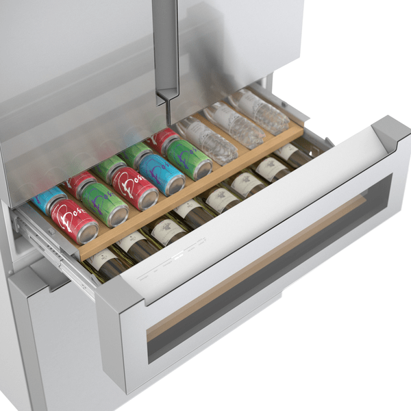 Bosch Refreshment Center drawer with glass front and full of drinks