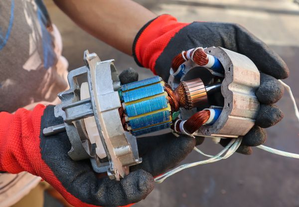A person holding a broken appliance motor 