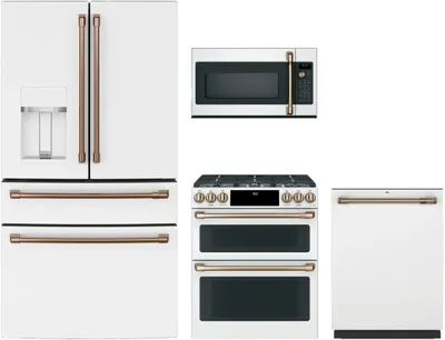 A Café appliance bundle featuring the CVE28DP4NW2 refrigerator, C2S950P4MW2 range, CDT845P4NW2 dishwasher, and CVM517P4RW2 microwave