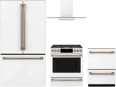A Cafe appliance bundle with the Cafe CWE23SP4MW2 refrigerator, Cafe CDD420P4TW2 dishwasher, Cafe CGS700P4MW2 range, and Cafe CVW73614MWM range hood
