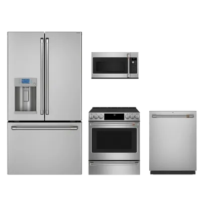 A Cafe appliance bundle with the Cafe CYE22TP2MS1 refrigerator, Cafe CDT805P2NS1 dishwasher, Cafe CES700P2MS1 range, and Cafe CVM521P2MS1 microwave 