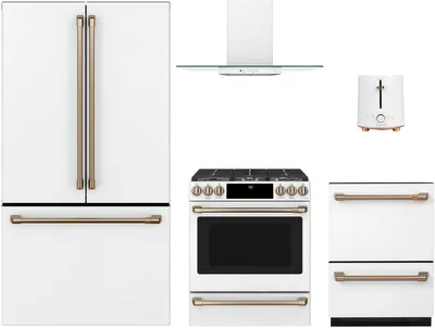 A Cafe appliance bundle with the Cafe CWE23SP4MW2 refrigerator, Cafe CDD420P4TW2 dishwasher, Cafe CGS700P4MW2 range, Cafe CVW73614MWM range hood, and Cafe C9TMA2S4PW3 toaster 