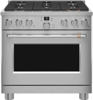 Credit: Cafe Front view of the Cafe C2Y366P2TS1 36” pro-style range