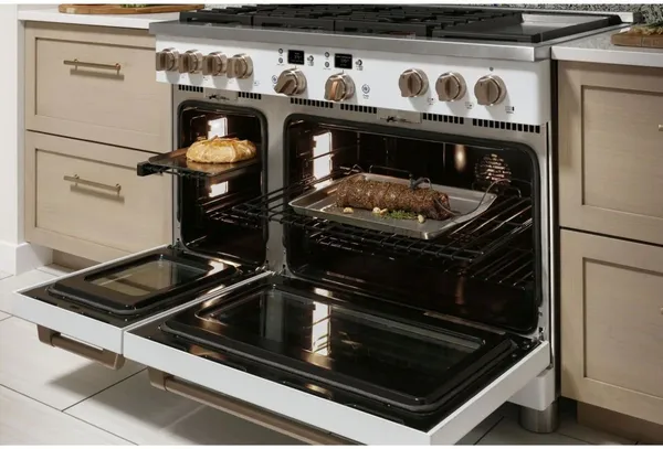 The Cafe C2Y486P2TS1 range with its doors open baking a roast and galette 