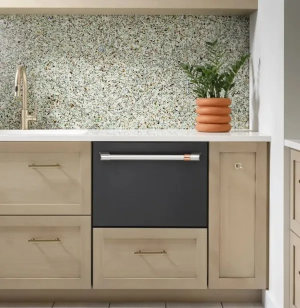 The Cafe CDD220P3WD1 matte black drawer dishwasher featured in a kitchen