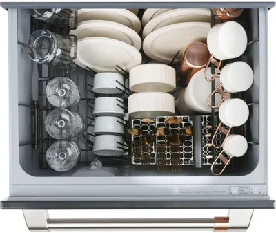 The Cafe CDD420P2TS1 double drawer dishwasher shown fully loaded 