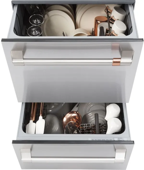 An overhead view of the Cafe CDD420P2TS1 double drawer dishwasher open