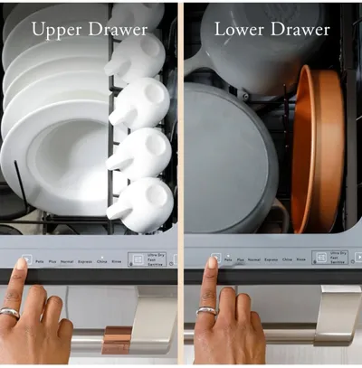 A graphic showing the upper and lower rack of the Cafe CDD420P2TS1 double drawer dishwasher