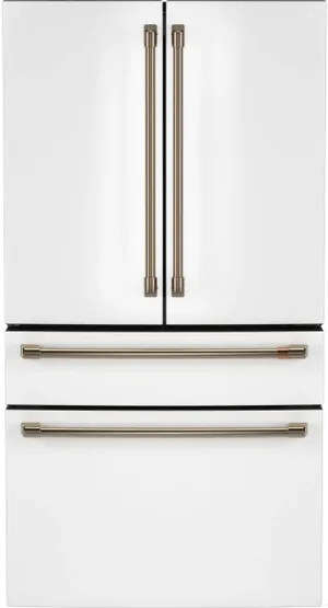 Front view of the Cafe CGE29DP4TW2 matte white French door refrigerator