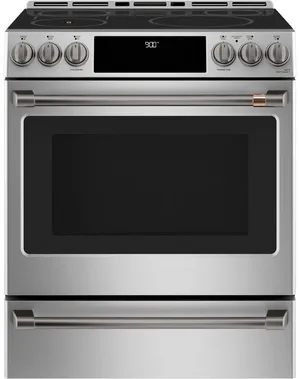 Front view of the Cafe CHS90XP2MS1 slide-in induction range