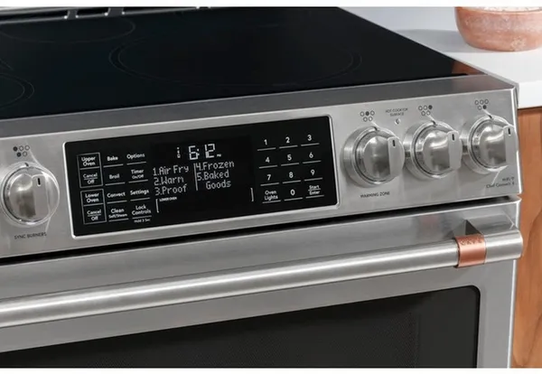 A close-up of the Cafe CHS950P2MS1 induction range