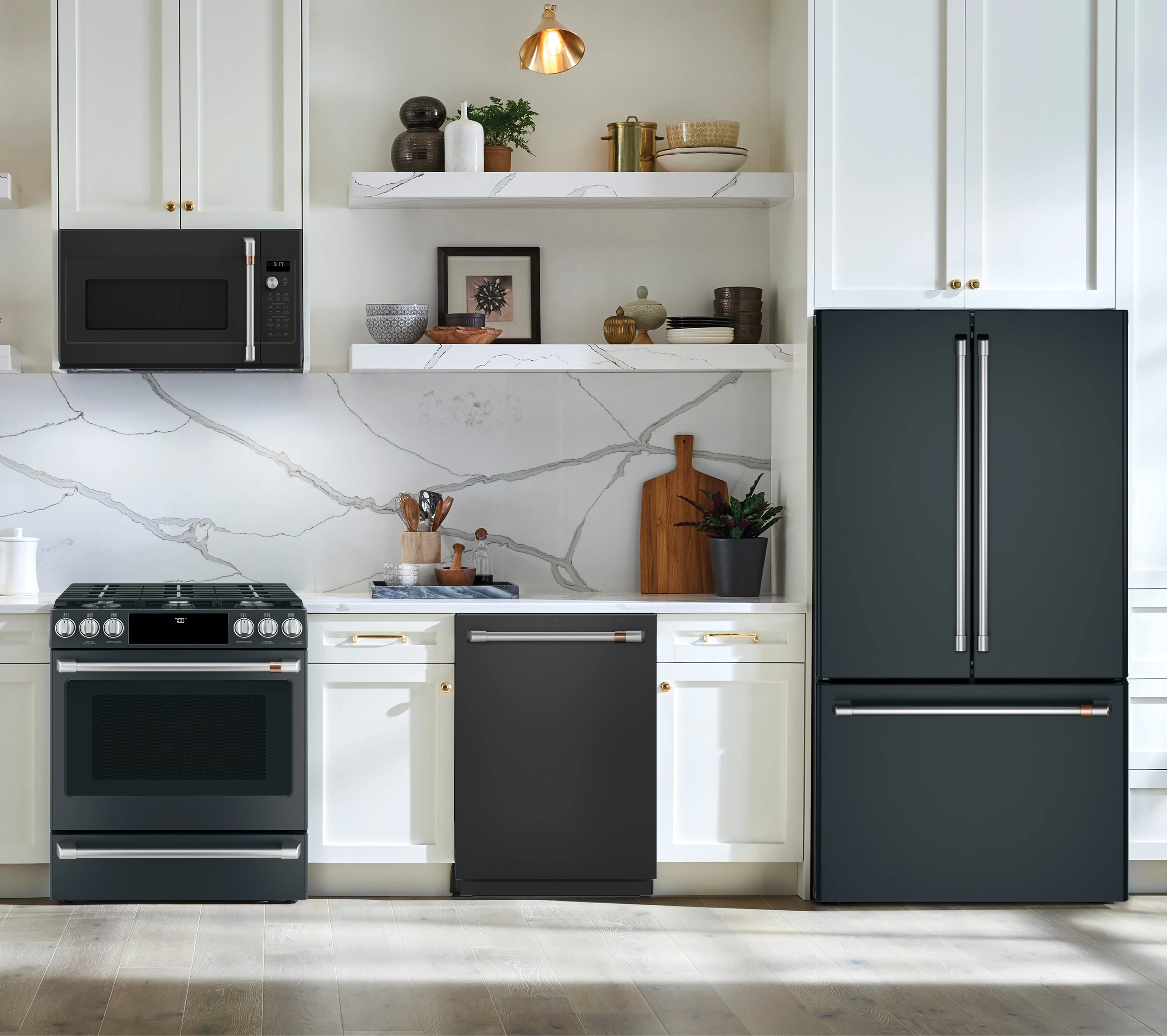 black kitchen appliances in a modern grey kitchen