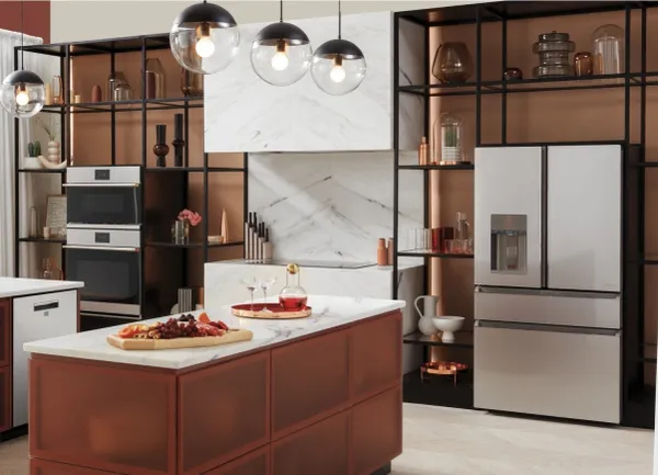 Cafe Platinum Glass appliances in a kitchen