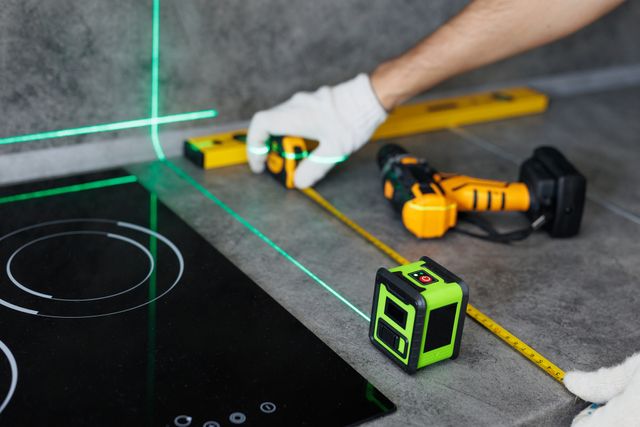Close view of a person using a laser to measure countertops for a cooktop installation