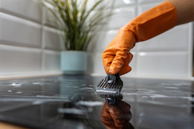 Close view of somebody using a scraper to clean their glass induction cooktop