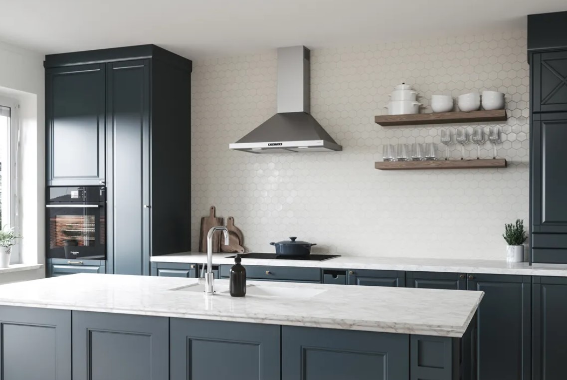 Zephyr range hood in a kitchen with dark cabinets