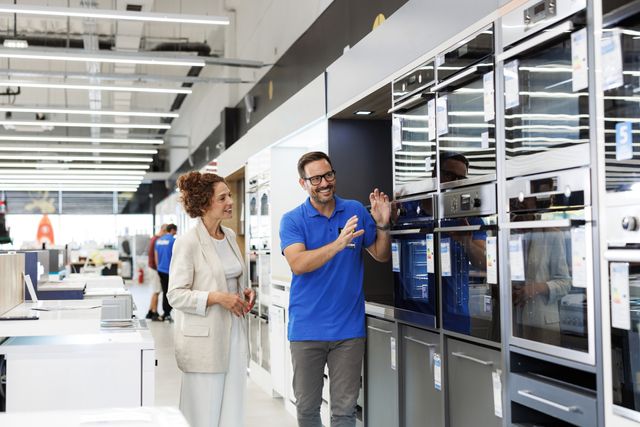Front view of a salesman showing a display of wall ovens to a woman in an appliance store.